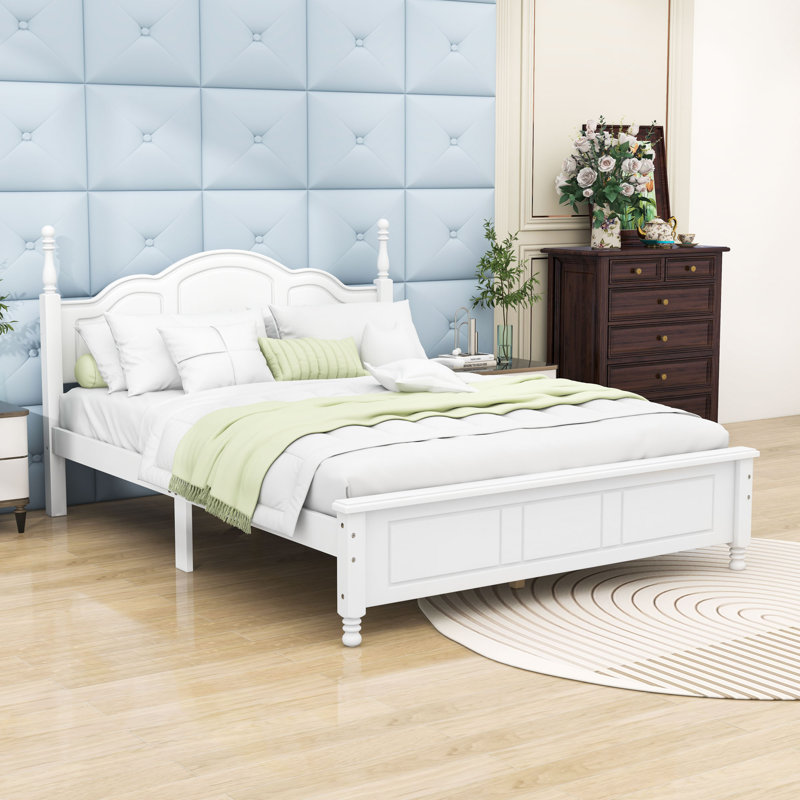 Wood Platform Bed with Wooden Slat and Headboard, White, Queen