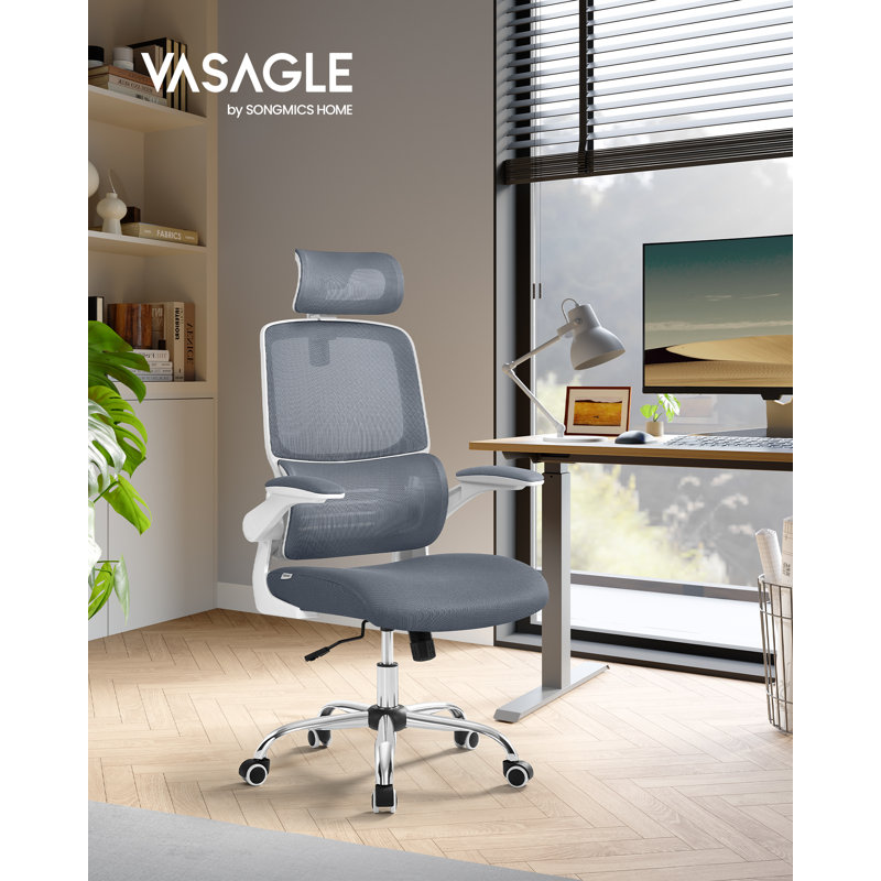 VASAGLE Office Chair, High Back Desk Chair, Mesh Computer Chair, Lumbar Support, Ergonomic Design, Foldable Armrests, Adjustable Headrest, Tilt Function, For Home Office, Dove Grey