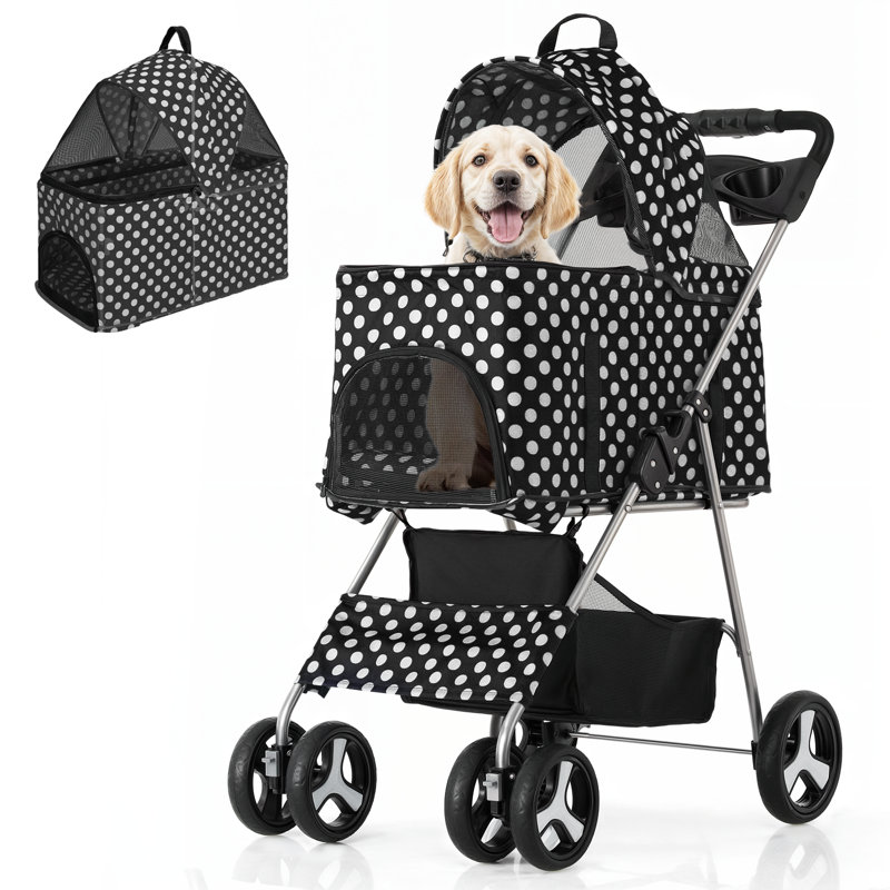 Black and White Polka Dot Foldable Pet Stroller with Steel Frame