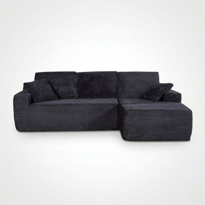 104" Modern 3-Piece Compression Sectional Sofa with Reversible Chaise, Soft Black Corduroy Fabric, Cloud Seating with Pocket Springs and 2 Matching Pillows