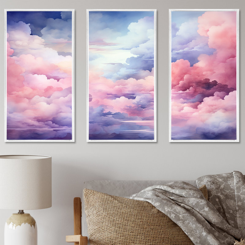 Rose et bleu pastel coloré ciel I - art mural ciel, Cadre flottant blanc, H 28 po x l 36 po x P 1 po
