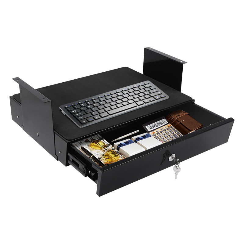 Under Desk Mounted Sliding Pull-Out Drawer Storage Organizer, Black