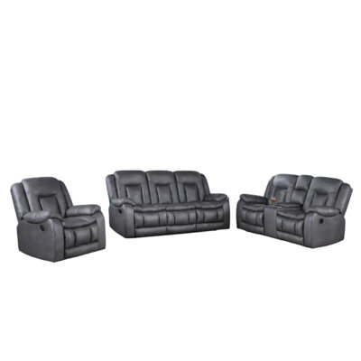 Olaf 3Pc Power Recliner Living Room Set, 6 Seater, USB, Adj Headrest, Gray