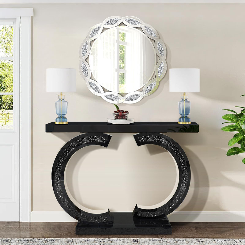 Console en miroir avec incrustation de diamant concassé, table de canapé d'entrée de 39,4 po de long, double table d'appoint moderne en forme de C pour le salon, le couloir, le vestibule, l'entrée
