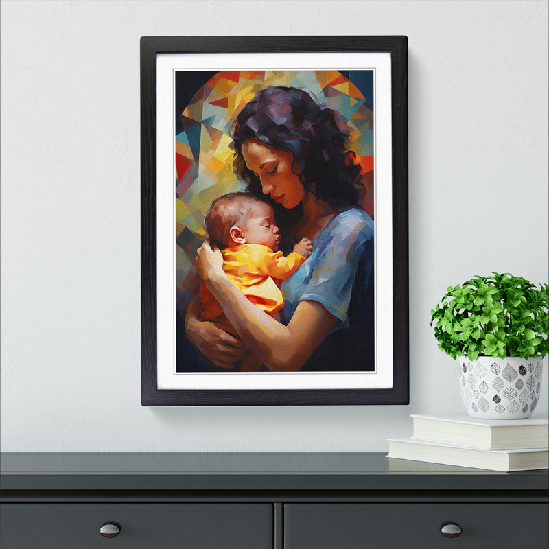 XYZ-FRM-V1223-4565 Mother And Baby Hard Edge Painting - Single Picture Frame Print on Wood, 46cm H x 34cm W x 2cm D, Black 