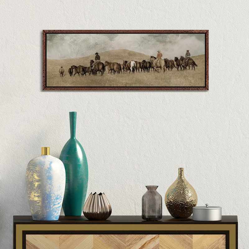 3 Girls Round Up by Rhonda Thompson - Panoramic Painting on Canvas, 30.48cm H x 91.44cm W x 3.81cm D
