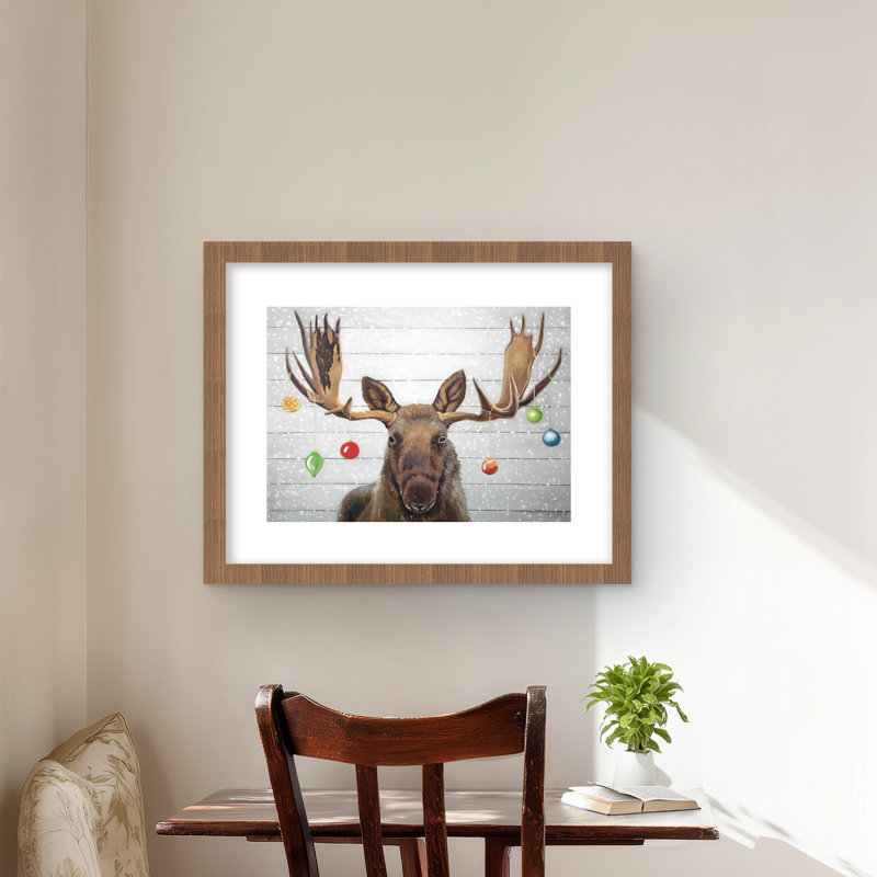 Moose has Christmas Balls - Rustic Framed Print for Decor