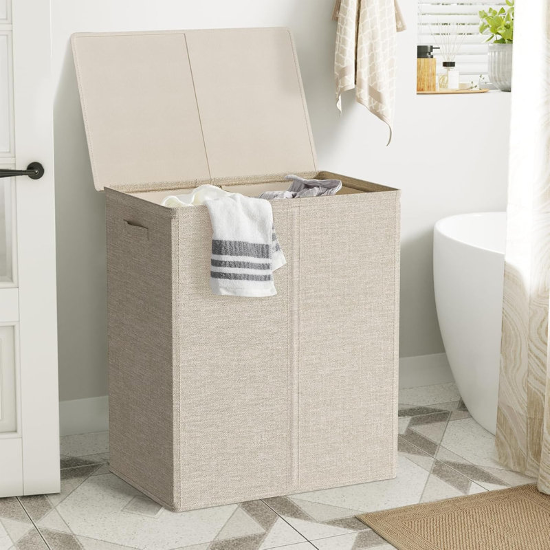 Panier à linge 154L avec couvercle et sacs à linge amovibles, grand panier à linge 2 paniers à linge pliables, Beige