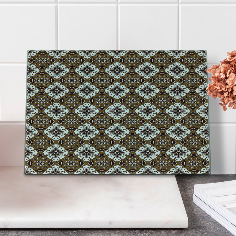 Planche à découper en verre trempé chocolat Ambesonne Batik Motif floral brun foncé blanc brun