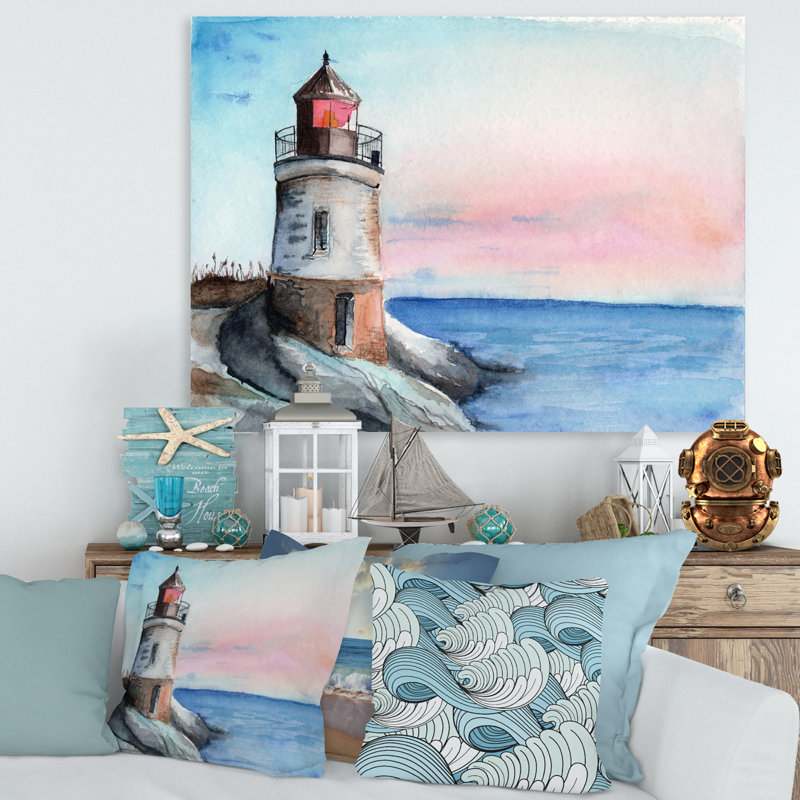 Un phare sur un rivage en début de matinée - peinture sur toile, H 12 po x l 20 po x p 1 po, Toile tendue