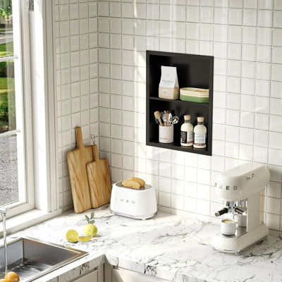 14 X 18 In Recessed Medicine Cabinet, No Mirror, Matte Black Stainless Steel Wall Niche With Double Shelves