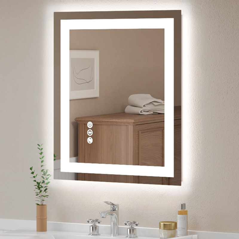 Frameless LED Bathroom Mirror 36x24 Inch, Tempered Glass, Wall-Mounted Vanity Mirror with Anti-Fog, 3 Colors Dimmable Light, Memory Function