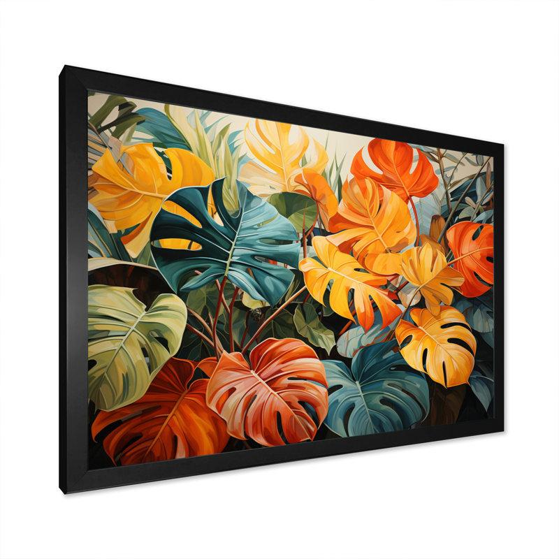 Orange, vert, plantes tropicales III, Cadre photo noir, H 30 po x l 40 po x P 1,5 po