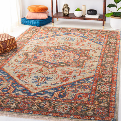 Oriental Hand Knotted Wool/Cotton Oriental Rug in Navy/Gray/Orange