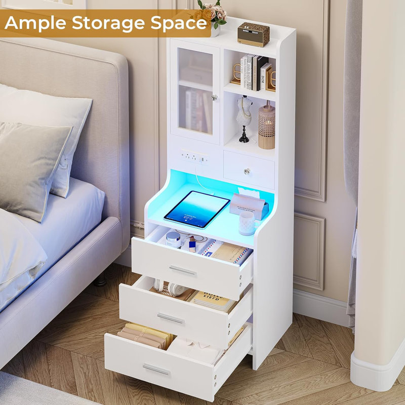Tall Night Stand With Charging Station And Led Lights,49.2" Nightstand With Bookshelf,adjustable Shelf With Glass Door, Gray Bedside Table With Drawers,end Side Table For Bedrooms