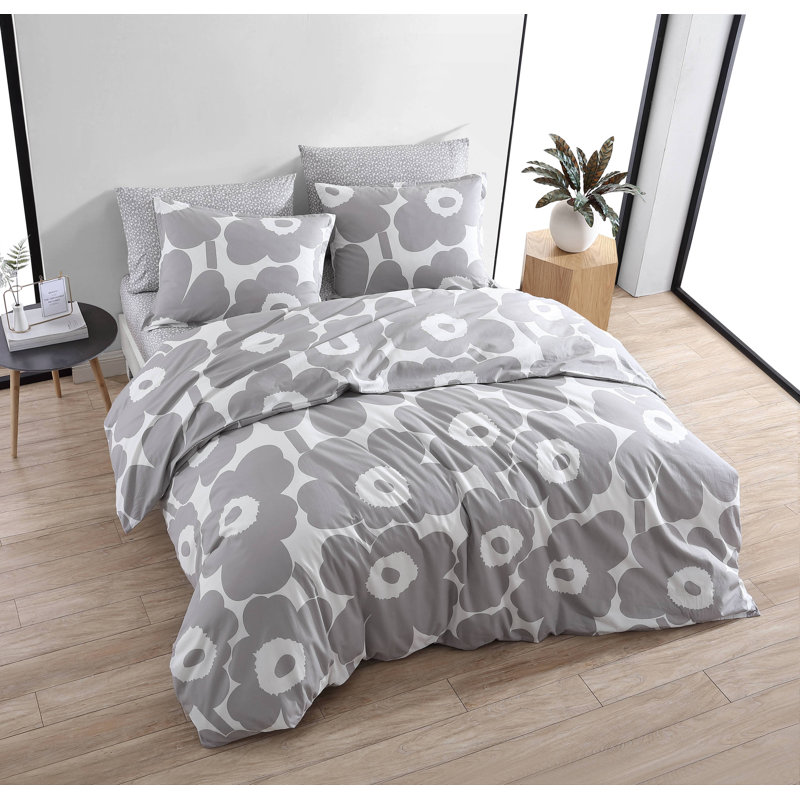 Marimekko Unikko Cotton Blue Duvet Cover Set, Queen Duvet Cover + 2 Standard Shams, Gray/White Floral