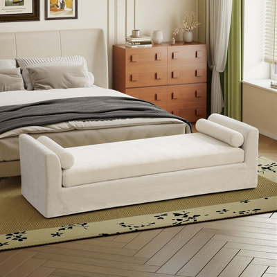 90" W Upholstered Modern Bench With Bolster Pillows