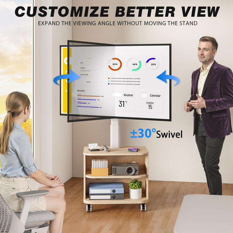 Mobile Tv Stand With Wooden Shelves For 32-65 Inch Led Lcd Oled Tvs