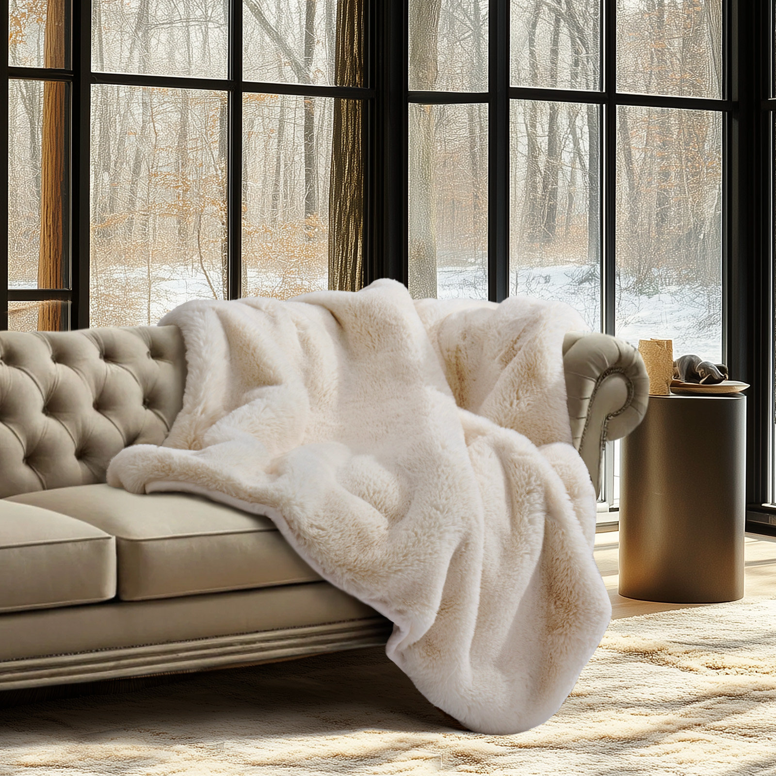 Chinchilla Faux Fur Throw Blanket, 80" L x 60" W, Arctic White
