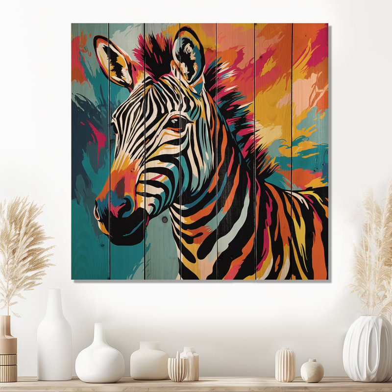 Fantaisie colorée de zèbre Popart I - animal zèbre sur bois, H 25 po x l 25 po