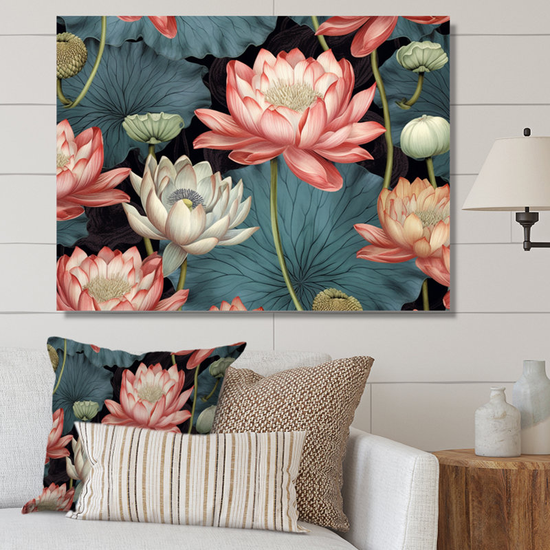 Multicolor Lotus Reflections I, reproduction d'art sur toile, 24" H x 32" W, White Picture Framed