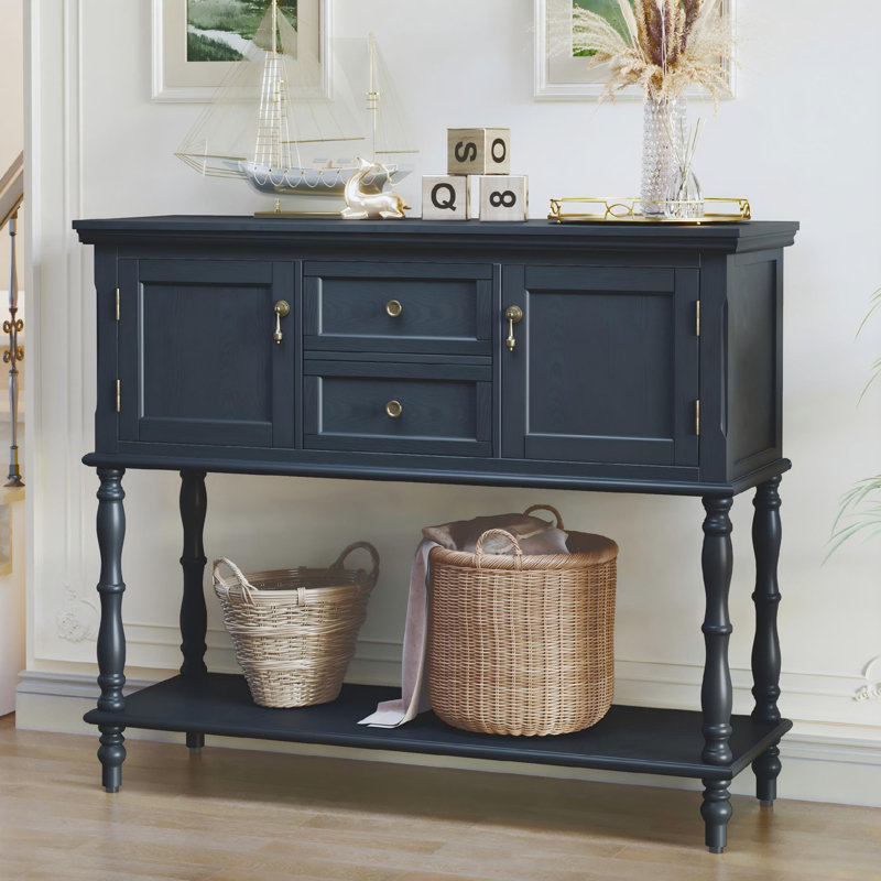 Farmhouse Wood Console Table with Drawers and Cabinet for Entry and Living Room, Navy
