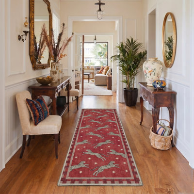 Vintage Leopard Animal Print Machine Washable Area Rug, Crimson Red Beige Distressed Non-Slip Rug for Hallway Kitchen