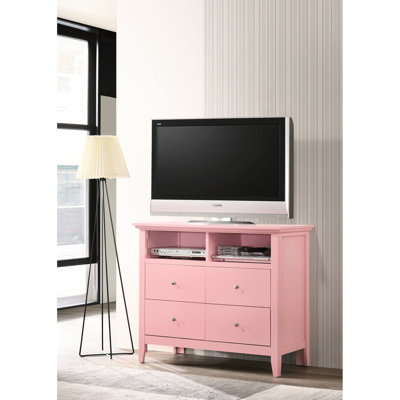 Meuble télé rose avec fonctions complètes - placages en bois véritable G5404 de Glory Furniture, tiroirs à queue, entièrement assemblé, console de télévision avec quincaillerie en nickel