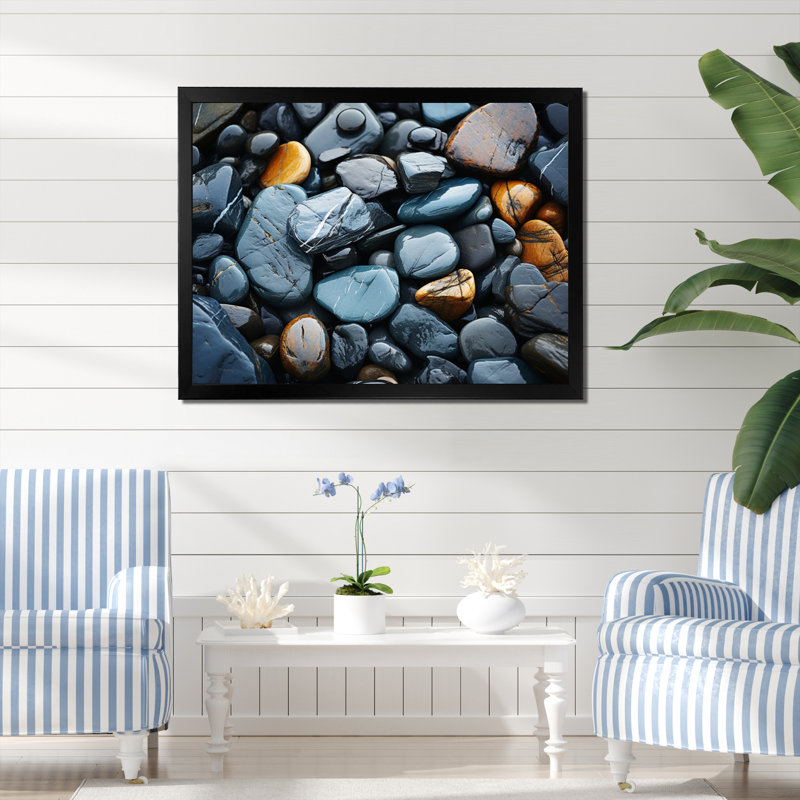 Motif de plage rocheuse II sur toile, H 16 po x l 32 po x P 1 po, Cadre simple noir