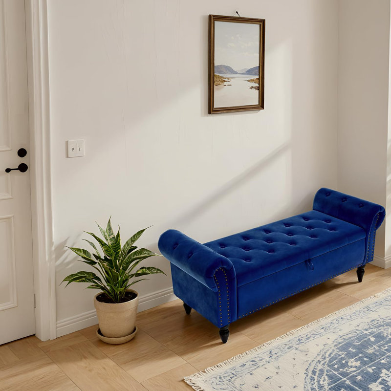 Velvet Upholstered Storage Bench, Blue