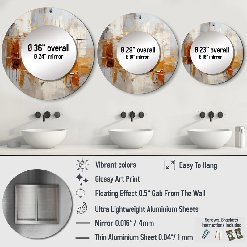Raeef Transcendent Textures V - Abstract Collages Decorative Mirror, Modern Round Wall Mirror, Printed Metal Art, 29" x 29"