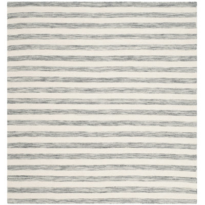 Waukena Hand Woven Flat Weave Wool/Cotton Striped Rug in Ivory/Gray