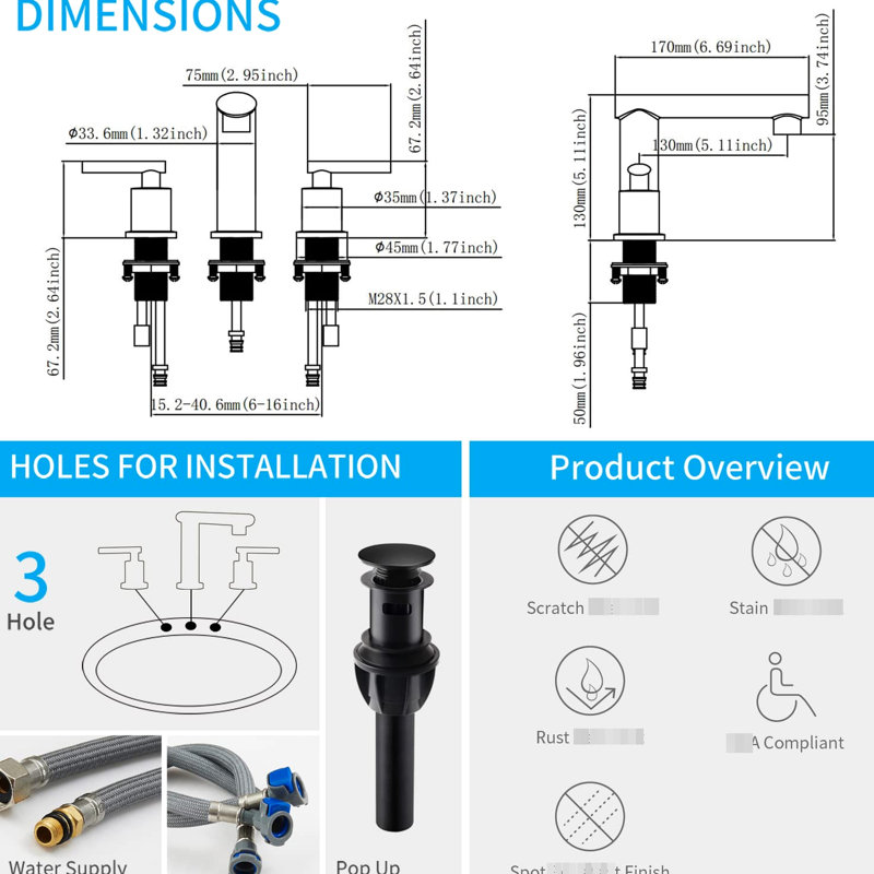 Matte Black Waterfall Bathroom Sink Faucet, 2-Handles Widespread Pop Up Drain, Supply Hose, 8-Inch Faucet With Drain Assembly, 2 Handles, 8