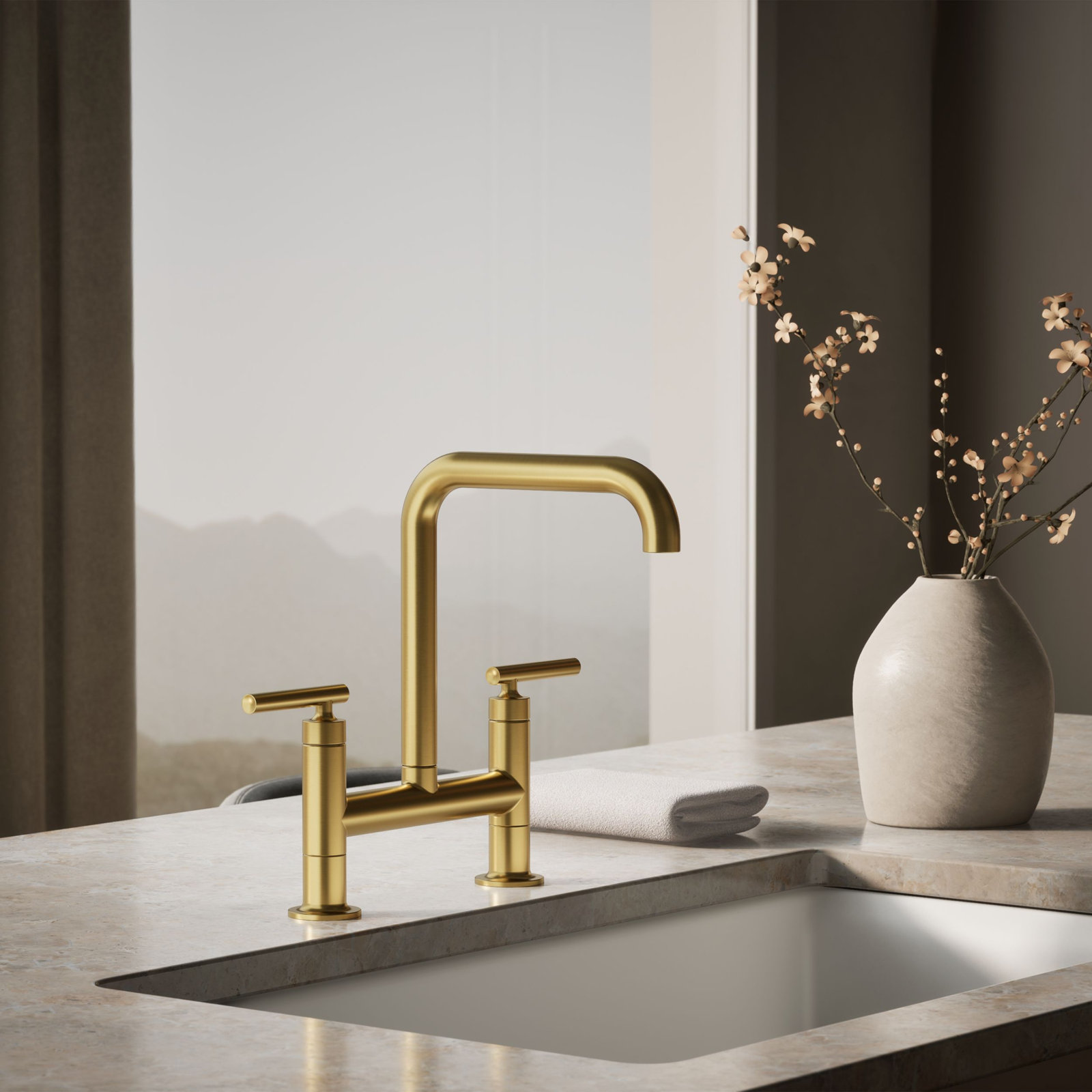 Purist Two-Hole Deck-Mount Bridge Kitchen Sink Faucet, Vibrant Brushed Moderne Brass