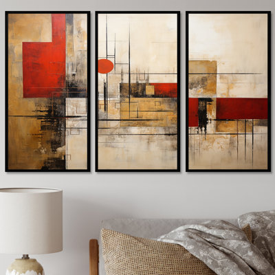 Red Moon Gold Cubist Abstract - ensemble de reproductions d'art géométriques murales