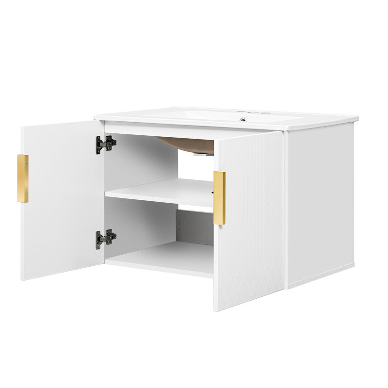 Meuble-lavabo vintage de 76 cm (30 po) avec lavabo en céramique à 3 trous, 2 portes, étagère réglable, fixation murale, finition anti-rayures, lavabo facile à nettoyer avec trous, style minimaliste, rangement, construction.