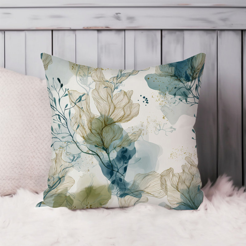 Housse de coussin Beach and Coastal Marine Botanical Plants III Nautical, Carré 16 po, Beige / bleu nautique / plage 18