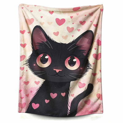 Couverture imprimée chat noir et cœurs roses, en flanelle ultra douce, légère et utilisable en toutes saisons, pour canapé ou lit, 76 x 102 cm. Livrée avec un sac en toile imprimé chat.