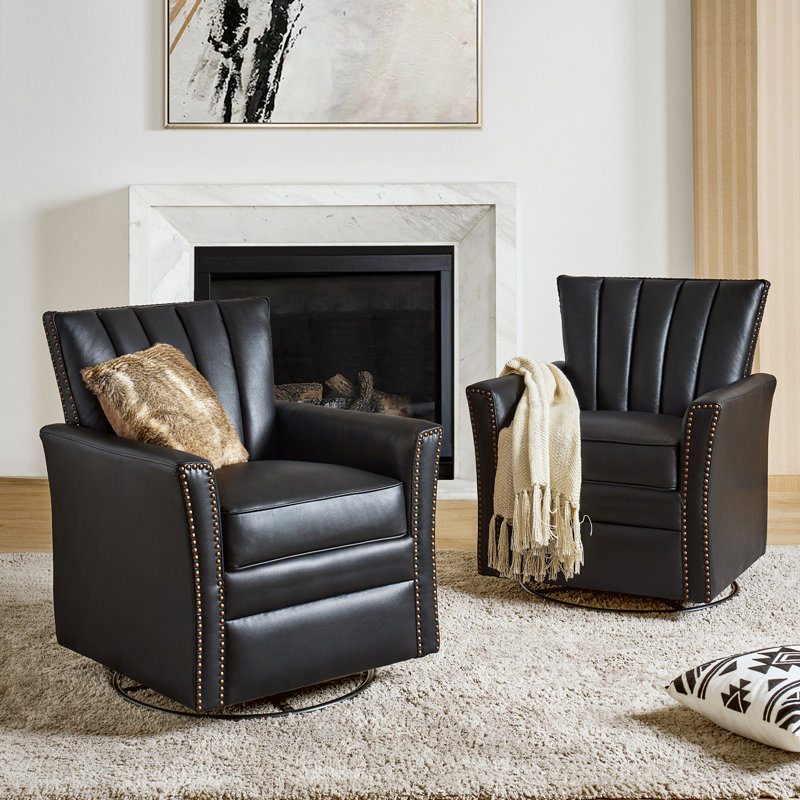 Arhianna Leather Swivel Armchair, Black Genuine Leather