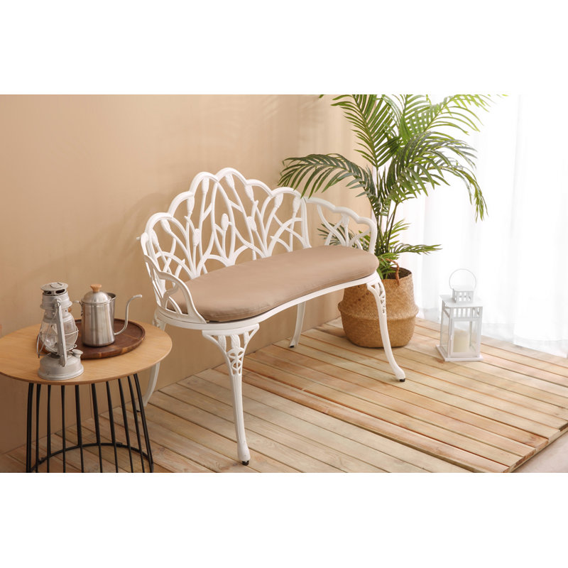 Tulip Patio Garden Bench With Floral Rose Design And Cushion, Durable Cast Aluminum Outdoor Seating For Parks And Yards