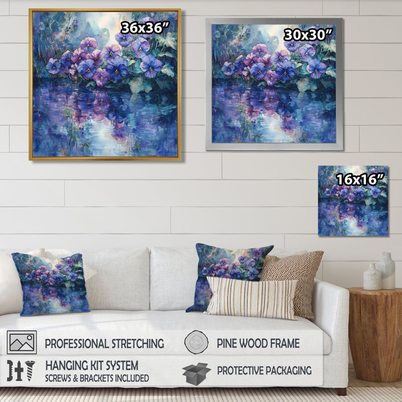 Pensée de fleurs, reflets au bord du lac I - Pensées, art mural, H 30 po x l 30 po, Toile tendue, Ne s’applique pas