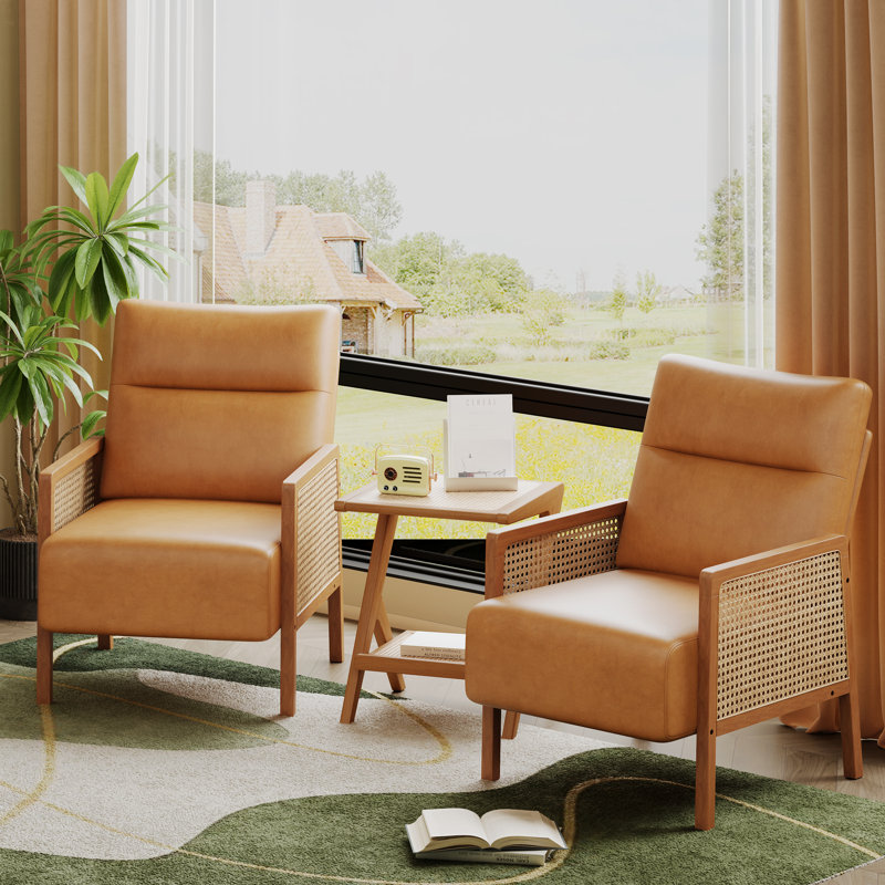 Upholstered Accent Chair With Rattan Arms And Solid Wood Legs, Brown Polyester Blend