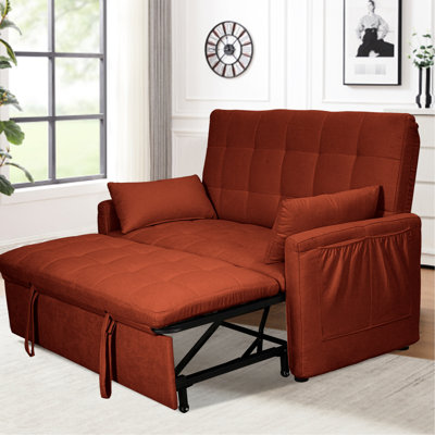 61 - Inch Bed For Living Room, Office, Guest With Double Iron Reinforced Frame, Storage On Sides, Adjustable , Red Linen And Burlap, High Density Foam 2 In 1 Convertible Of Size, Support, Side