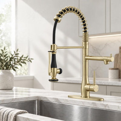 SynchroDuo Lockable Pull-Out Kitchen Faucet With Pot Filler Residential or Commercial Use Single Handle With Deck Plate in Brushed Gold