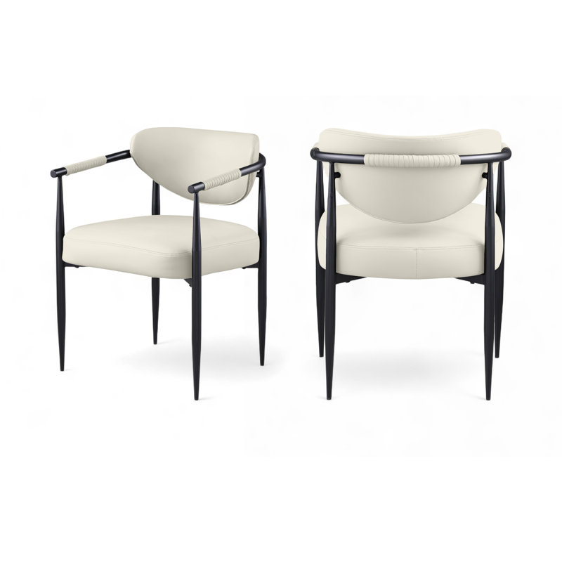 Chaise rembourrée en cuir Virella, Cuir crème végétalien, Noir mat