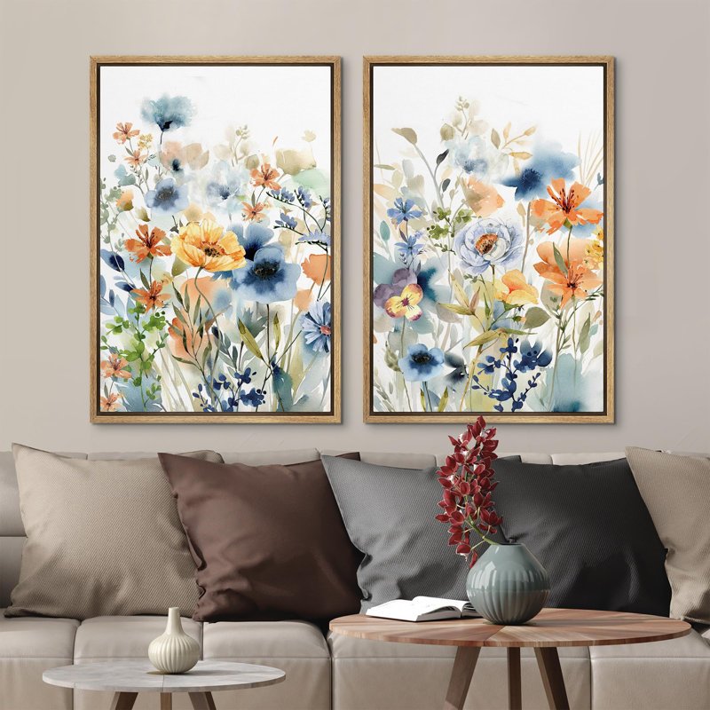 Aquarelle, bouquets de fleurs sauvages, botanique, art moderne, décoration bohémienne, œuvre d'art colorée encadrée sur toile, ensemble de 2 pièces