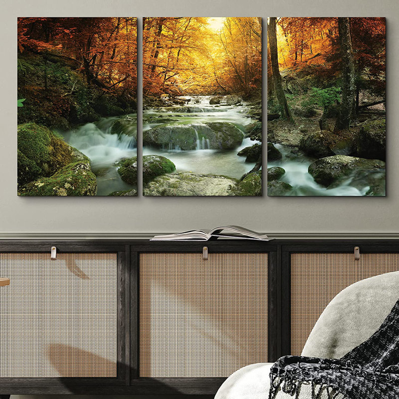 «Nature Landscape Forest Waterfall Scene», ensemble de 3 reproductions de photos, H 36 po x l 24 po, Toile tendue
