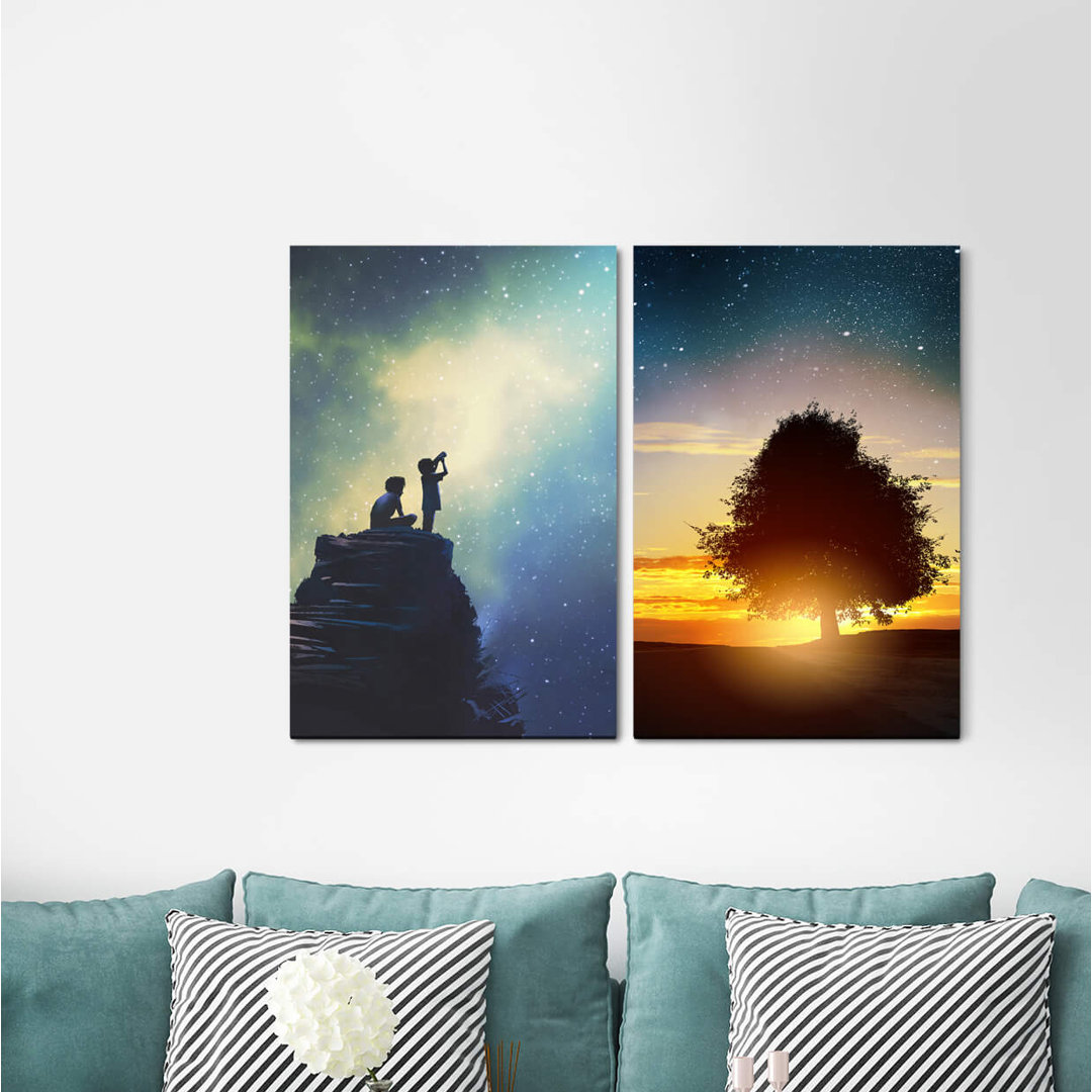 2-tlg. Leinwandbilder-Set - Grafikdruck „Stars Starry Sky Children Telescope Summer Night Tree Milky Way”