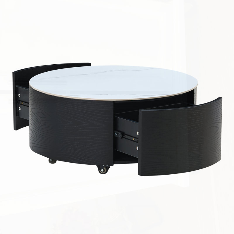 Modern Round Movable Marlene with Casters, 2 Drawers, and Durable Sintered Stone Top, Perfect for Compact Spaces, Noir