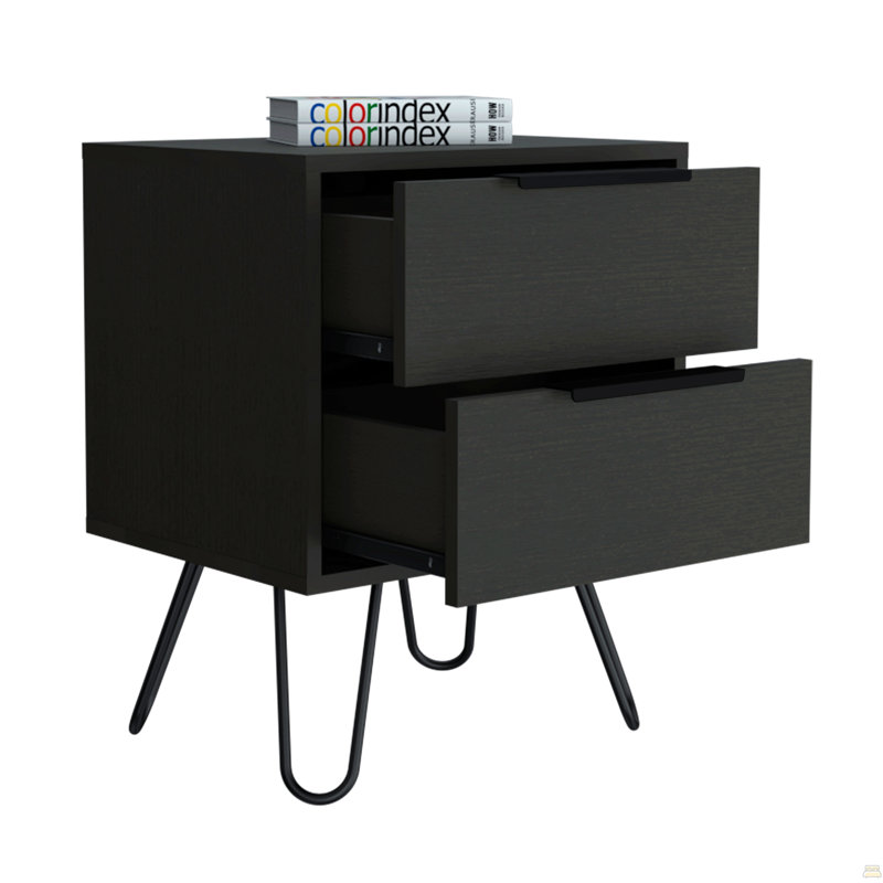 Table de chevet Skyoner 2, pieds Harpin, deux tiroirs, Noir